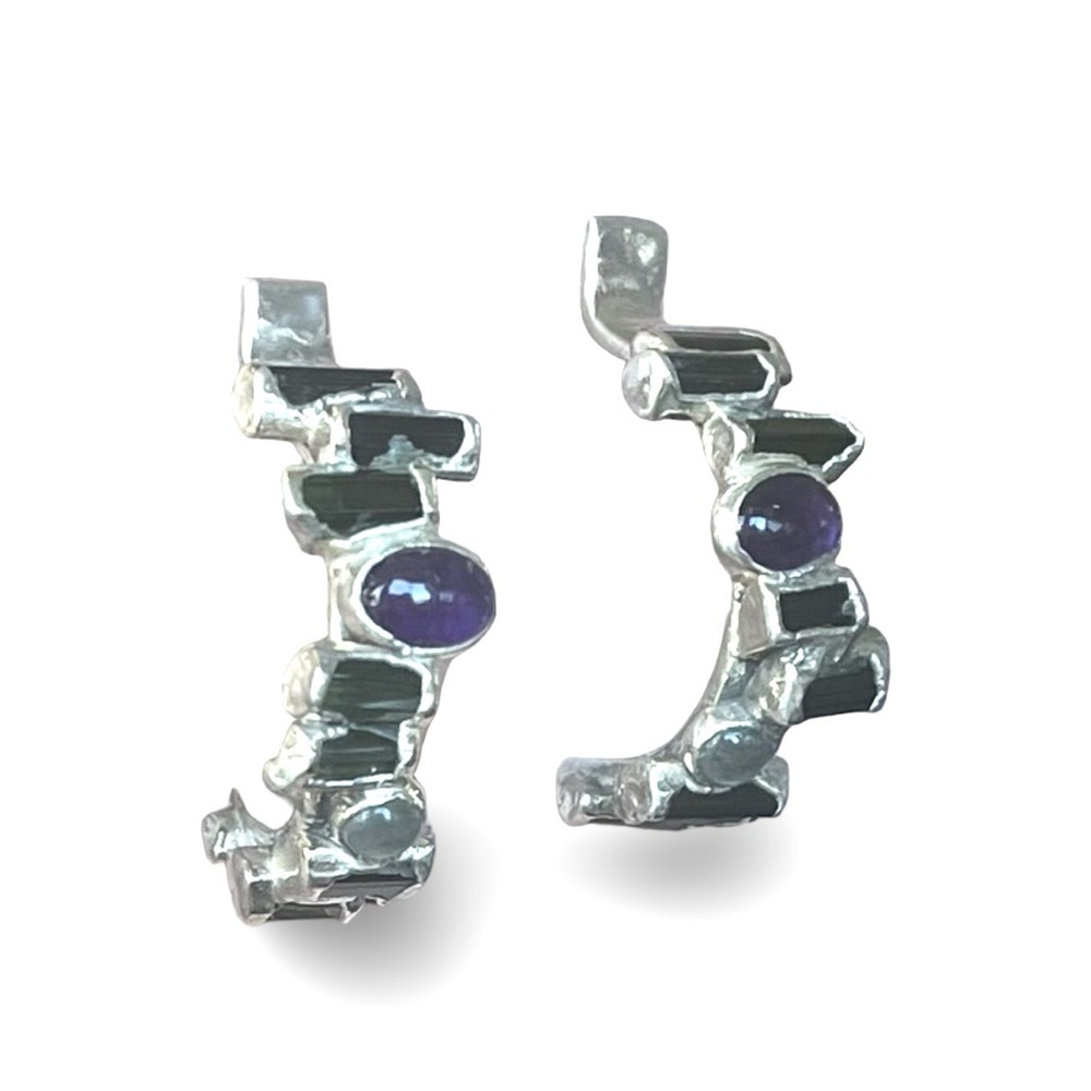 Pure Silver Artisan Green Tourmaline, Amethyst, Moonstone Earrings by C + R - Picture 2 of 9